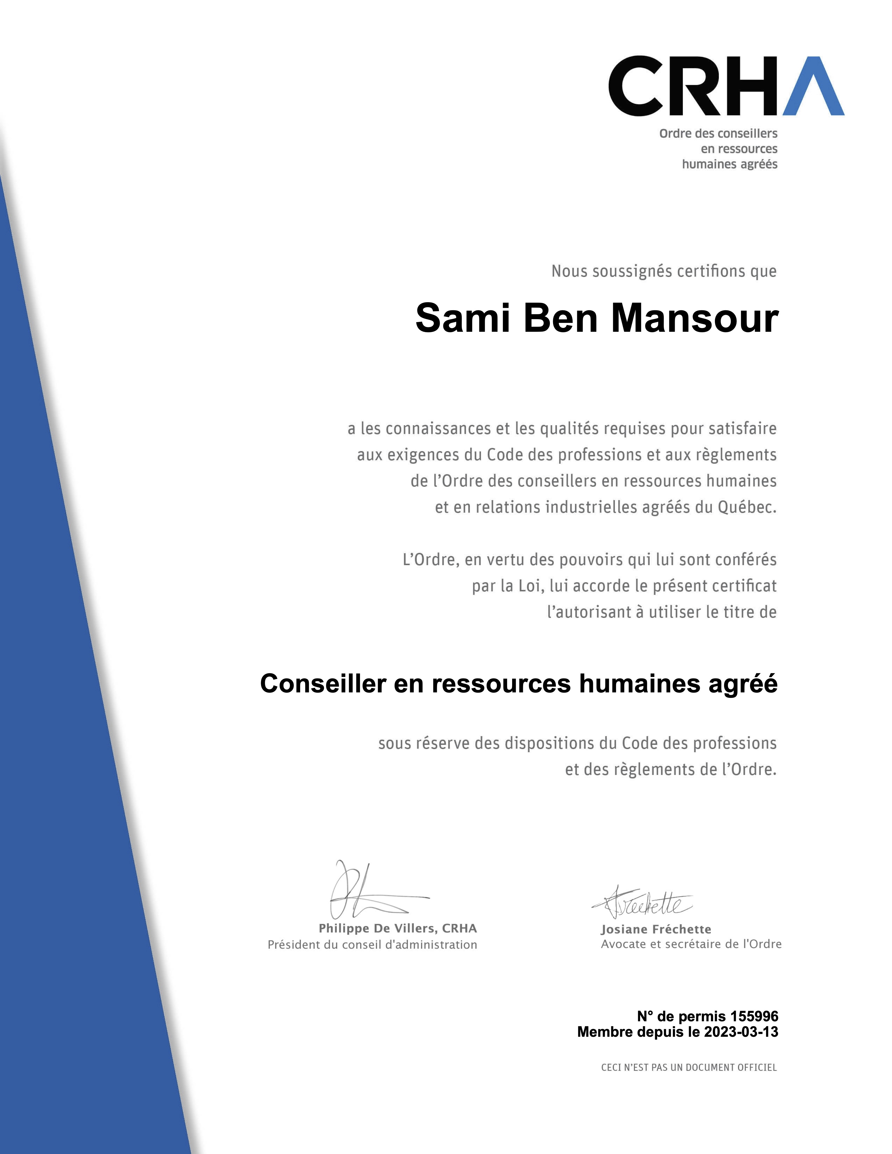 Certificat CRHA — Sami Ben Mansour