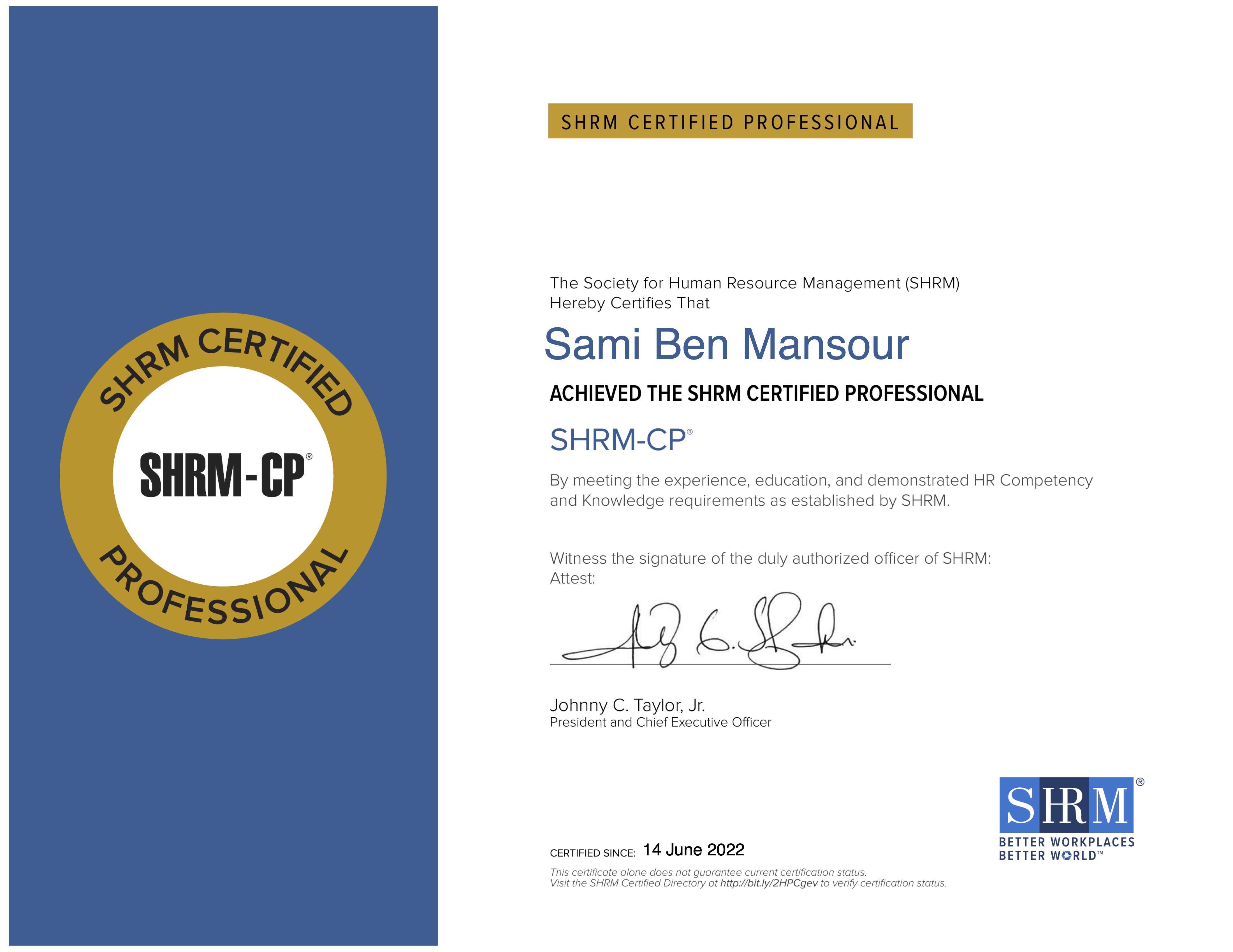 Certificat SHRM-CP — Sami Ben Mansour